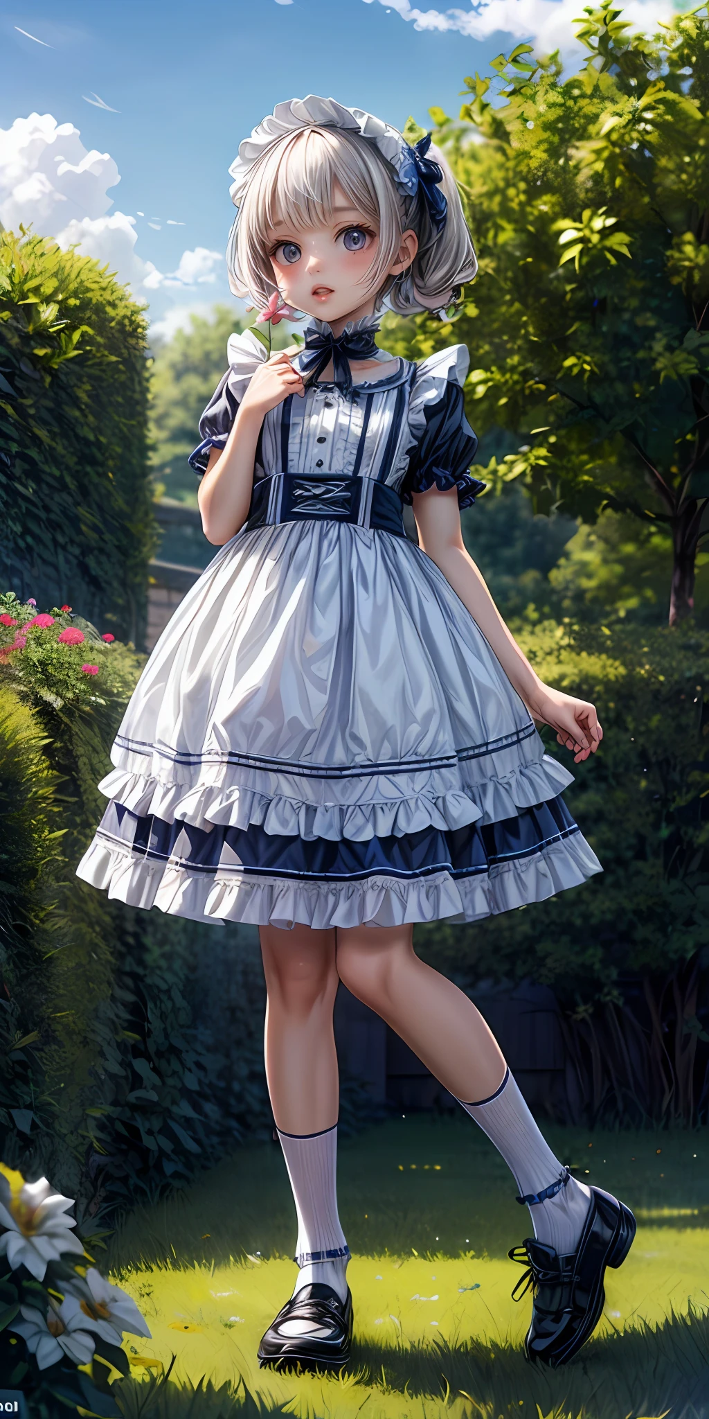 (masterpiece,ultra-detailed,best quality,8K,CG,illustration,shaved:1.0),(ite girl:1.2) <lora:more_details:1>,garden,flower,outdoor,sky
<lora:maid v1.0:0.5> jyojifuku, frills,socks,shoes,