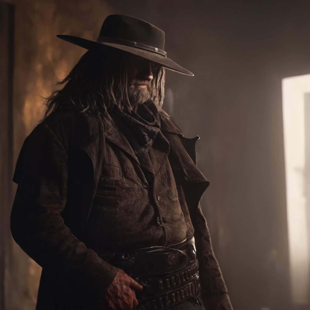cinematic film still of <lora:The Saint of Killers:1>
In the wild west, a picture of The Saint of Killers a man in a cowboy outfit holding a gun in a saloon with bright light in background,solo,long hair,1boy,hat,holding,weapon,male focus,boots,belt,coat,gun,facial hair,beard,handgun,cowboy hat,revolver,cowboy western , realistic, realism, photorealism, hyperrealism, hyperrealistic, realistic, sharp, detailed, cinematography style, film light style, still, professional photography, artistic, perfection, contrast, cinematic, filmic, high quality photo, 8k quality, colorful, photography style, horror themed, western style
<lora:Colt revolver handgun:1>, shallow depth of field, vignette, highly detailed, high budget, bokeh, cinemascope, moody, epic, gorgeous, film grain, grainy