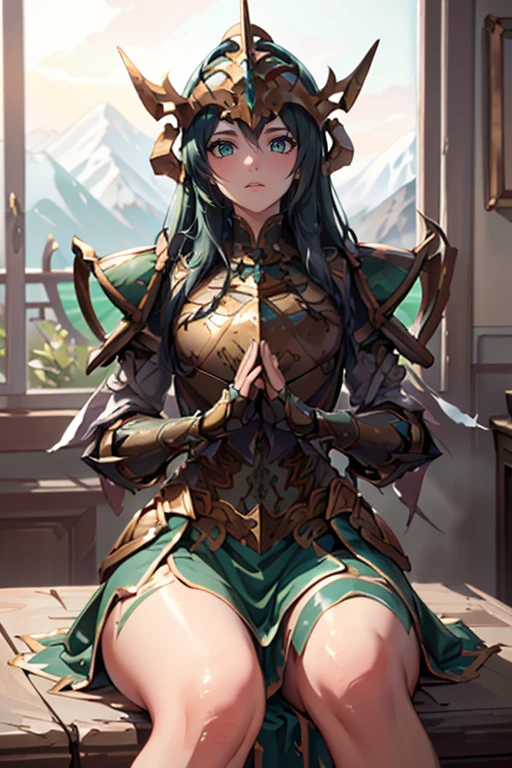 <lora:HXarmour_030:0.8>,mountain,Sitting with hands around ankles,, hxarmour,1girl,(light green armour:1.3),, ultra-detailed,extremely delicate and beautiful,(by exquisite colors block),masterpiece,best quality,unreal engine 5 rendering, light,movie,movie specffects,detailed details,HDR,UHD,8K,CG wallpaper,