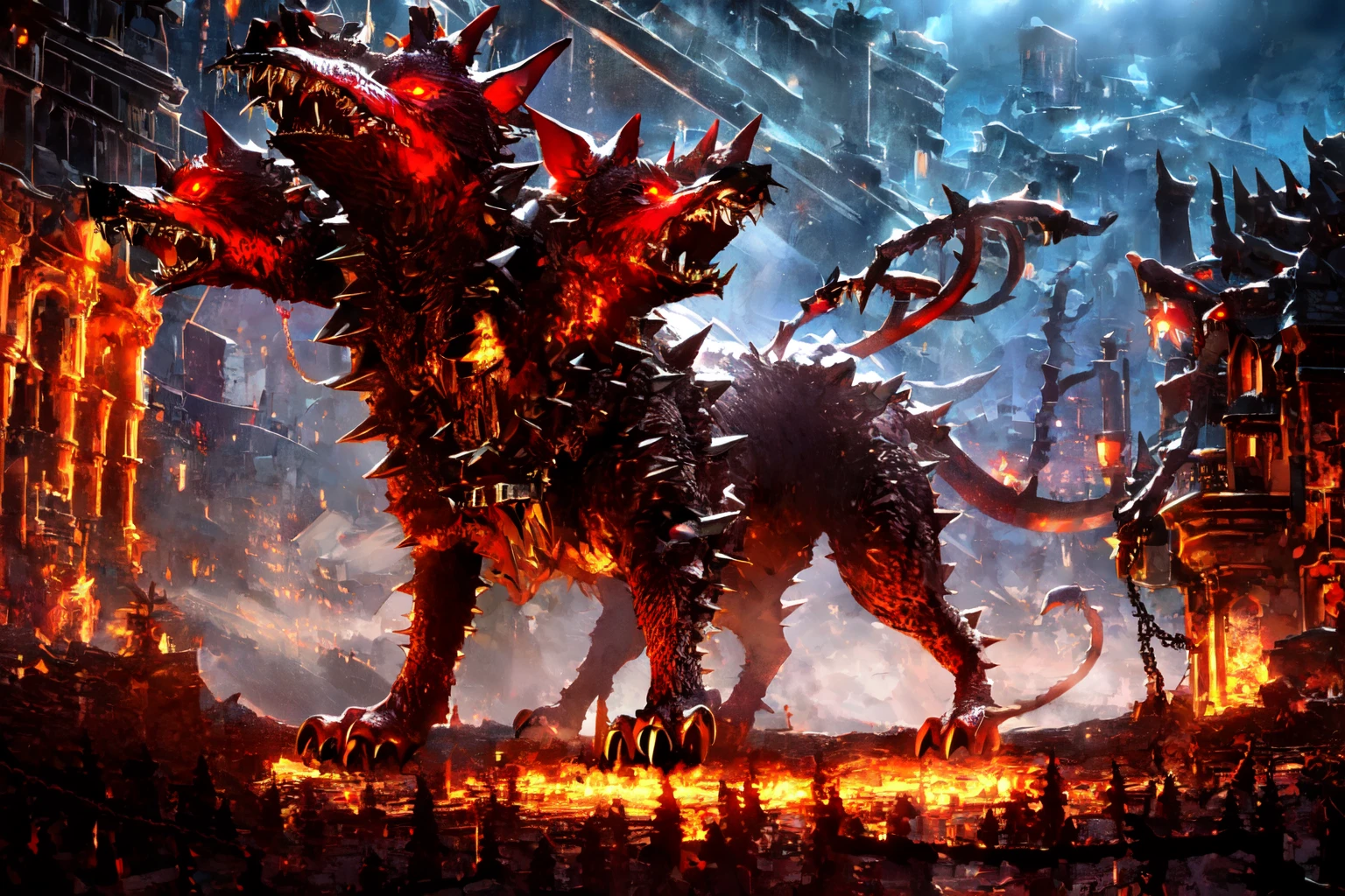 beautiful eyes, beautiful girl, high detail skin, high detail eyes, high detail hair, highres, ultra detailed, sharpen picture, Highly detailed, masterpiece, best quality, photorealistic,
<lora:CerberusLora:0.8>open mouth, no humans, teeth, sharp teeth, fangs, glowing, glowing eyes, fire, animal, claws, dog, monster, tongue, collar, spikes, red eyes, chain, 3 headed, spiked collar, wolf, tail, <lora:Neo_Noir_Style_sd1.5:0.8>the, with, and, background, few, sky, foreground, city, man, scenery, night, lights