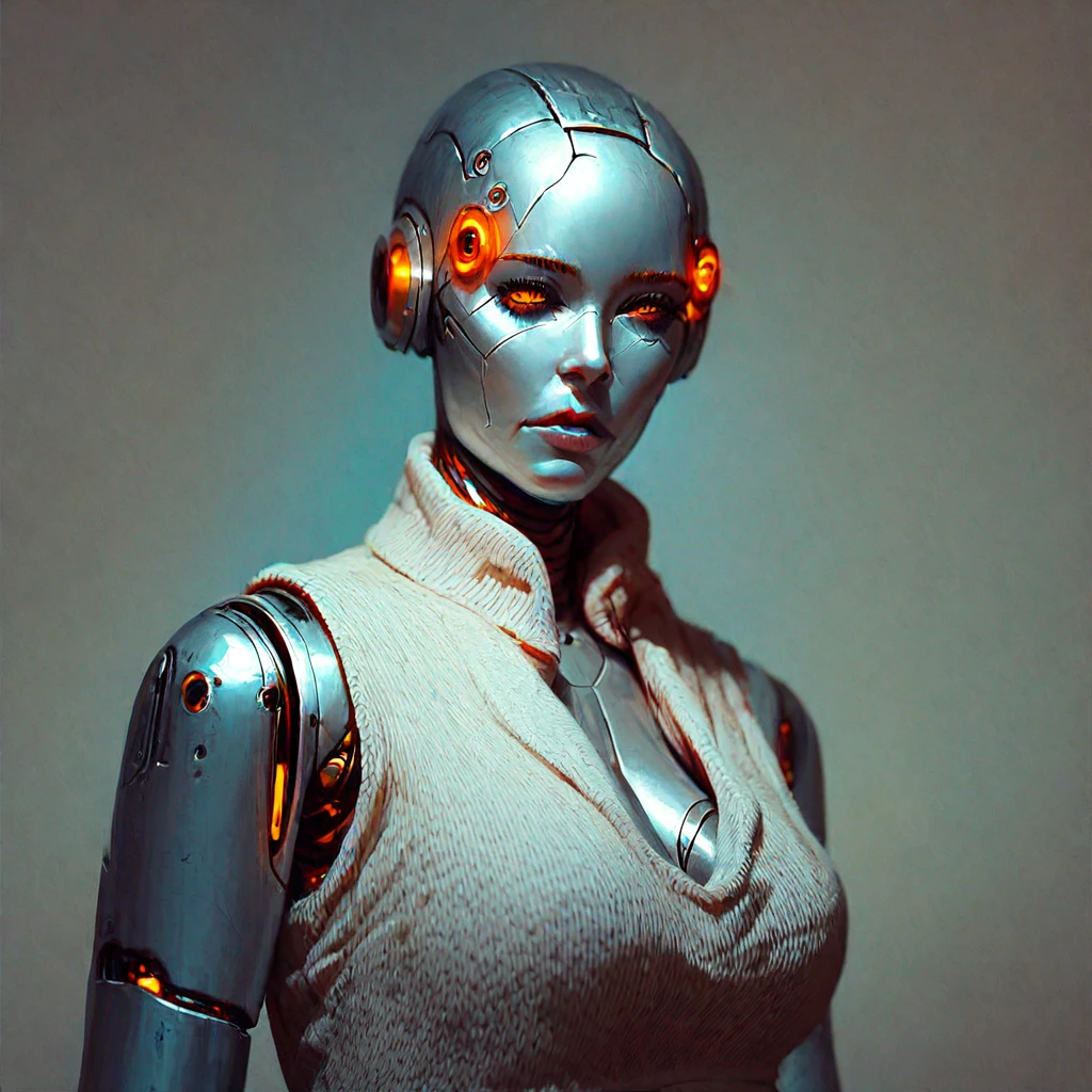 score_9, score_8_up, score_7_up,  gynoid robot, robot head, realistic, beautiful eyes, cleavage, wearing a white sweater, sleeveless,  leather pants, top down, blonde  <lora:pony/twilight_style:0.8> <lora:pony/expressiveh:0.8> expressiveh, [chrome skin], robot joints
 <lora:Droids_Wearing_Clothes_PonyXL:1.2>