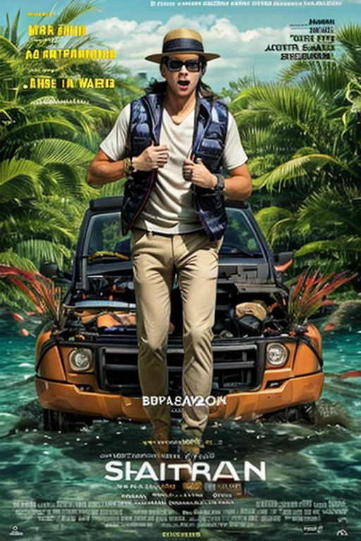 movieposter, 1boy, male focus, plant, animification, table, hat, layout design, brown hair, car, sunglasses, 1girl, motor vehicle, font design, bracelet, running, chair, cover, photo background, solo, underwater, breasts, 3boys, clenched hands, magazine cover, spacesuit, standing, vest, formal