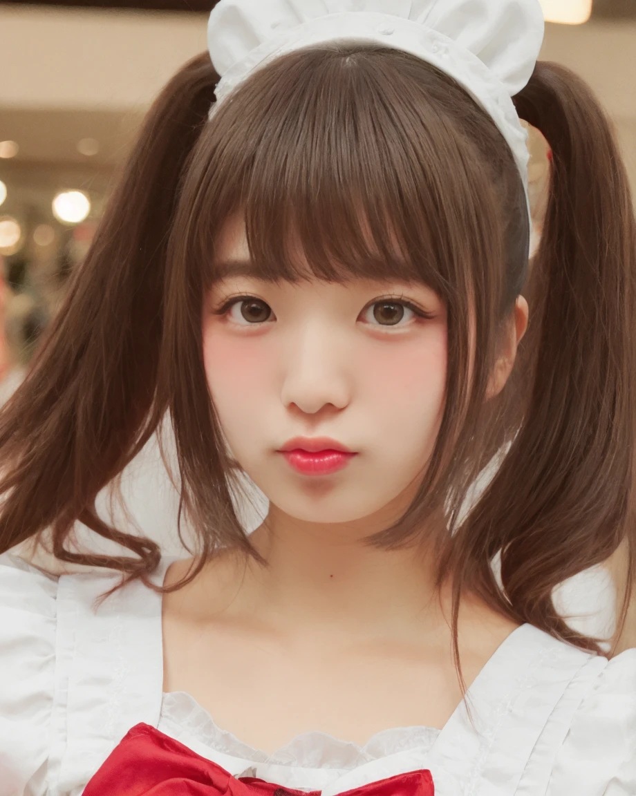 a beautiful picture of mikuKobato, detailed skin texture,masterpiece, photorealistic, woman, light, RAW color photo,(fully in frame:1.1), (blush:0.5), (goosebumps:0.5),brunette, detailed face,smiling,twintails,asian idol ,mall, wearing a maid outfit   epiCPhoto  pouting,<lora:lookAlive-puckeredLips-v01:0.8> puckered lips,red lips, <lora:mikuKobato3:1>