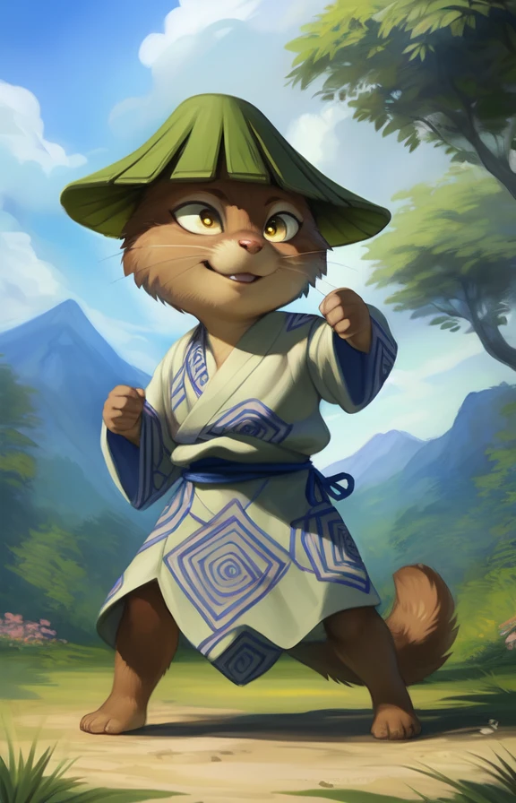 KawausoGeKi  <lora:KawausoGeKi:0.8> [road, earth, forest, trees, sky, clouds, mountains,]     kimono, green hat, blue belt, yellow eyes, brown fur, Yukata,  chibi , tail,
blue textured fur, solo,  looking at viewer, to his full height,  (beautiful, aesthetic, perfect, delicate, intricate, masterpiece, )  (fighting stance)
by Floris van Dyck, by Anna Razumovskaya, by Pino Daeni, by Ulitochka, by Ruan Jia