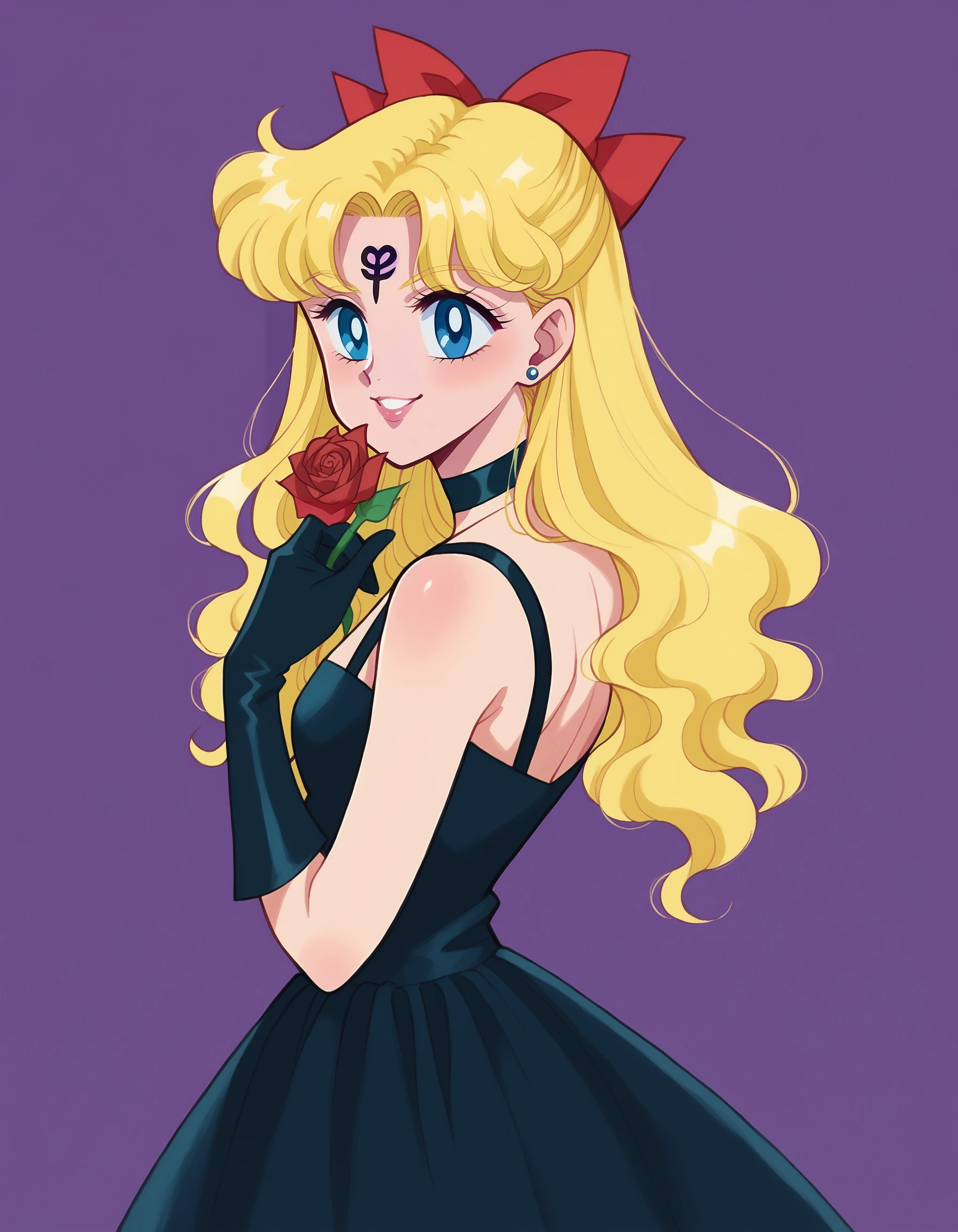 Naoko Takeuchi Style, 1girl, solo, long hair, smile, blue eyes, skirt, blonde hair, gloves, bow, jewelry, flower, hair bow, choker, red bow, rose, red flower, purple background, red rose, forehead mark, back bow, MangakaPnyXL, <lora:NaokoTakeuchyPonyXL:1>