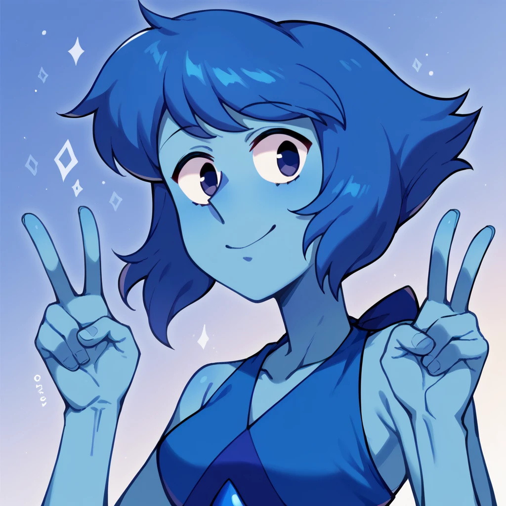 lapis_lazuli_lora lapis_sfw sfw, 1girl,  blue hair, lapis lazuli \(steven universe\), steven universe, rating_safe, wholesome, INFP introvert creative individualistic, v, peace sign, detailed hands,happy, looking at viewer, breasts, slim slender, blue skin, colored skin,source_anime, anime, score_9, score_8_up, score_7_up, score_6_up  <lora:lapis_lazuli_v2-000019:1>