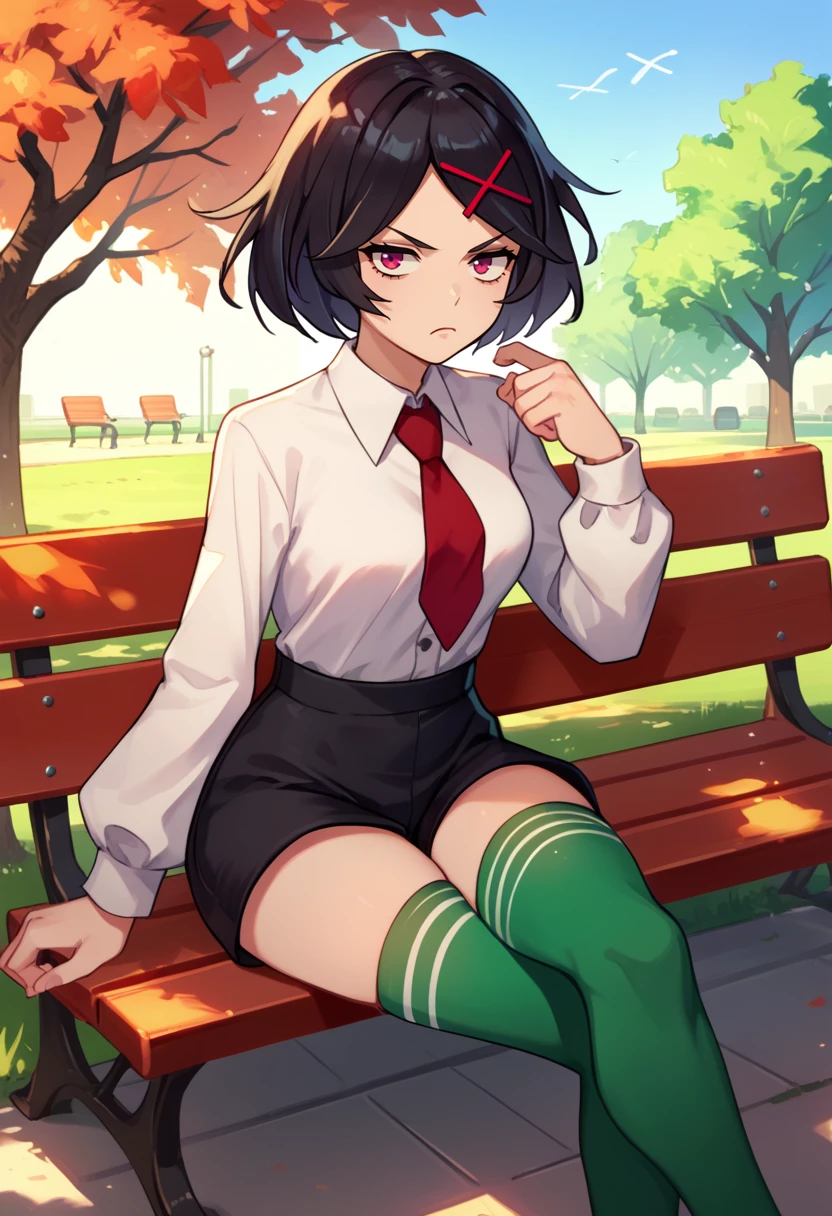 score_9, score_8_up, score_7_up, source_anime, solo, 1girl, rcgmisako, unamused, looking at viewer, sitting, crossed legs, park bench, hairclip, x hair ornament, white shirt, red necktie, long sleeves, black shorts, green thighhighs, outdoors <lora:rcg_misako_ponyXL:1>