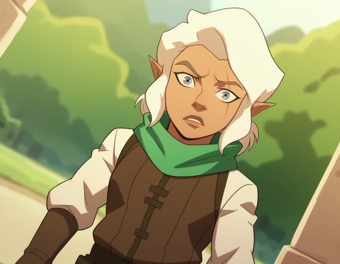 score_9, score_8_up, score_7_up, source_anime,
piketrickfoot, <lora:pike-trickfoot-ponyxl-lora-nochekaiser:1>,
pike trickfoot, white hair, pointy ears, dark skin, grey eyes, scar, scar on face, scar across eye,
scarf, green scarf, boots, pants, white pants,
outdoors,
looking at viewer, dutch angle, cowboy shot,