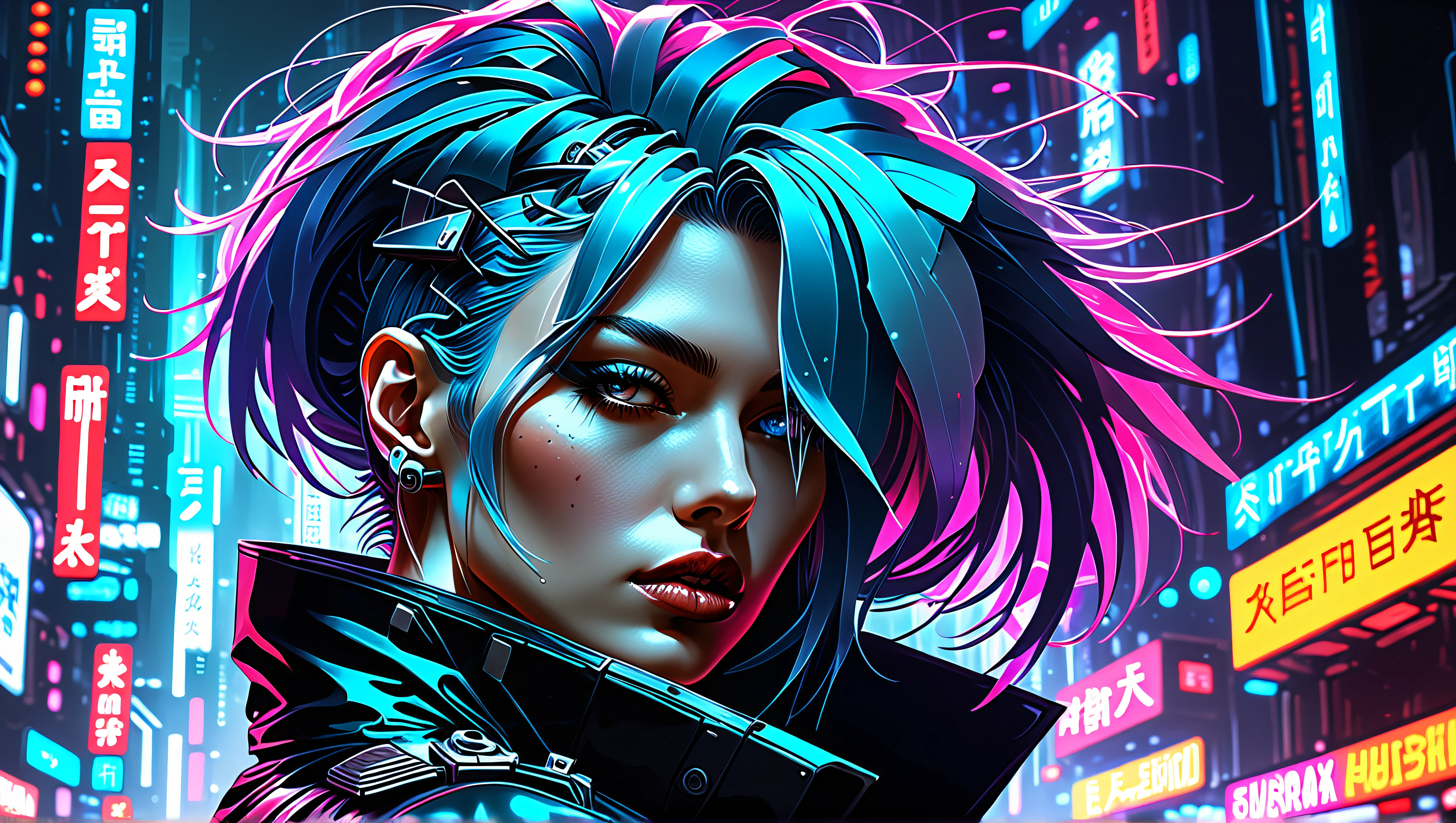 1woman, aesthetic, masterwork, aesthetic color combination, Cyberpunk Netrunner, inkpunk art style,, HD, masterpiece, best quality, hyper detailed, ultra detailed, super realistic