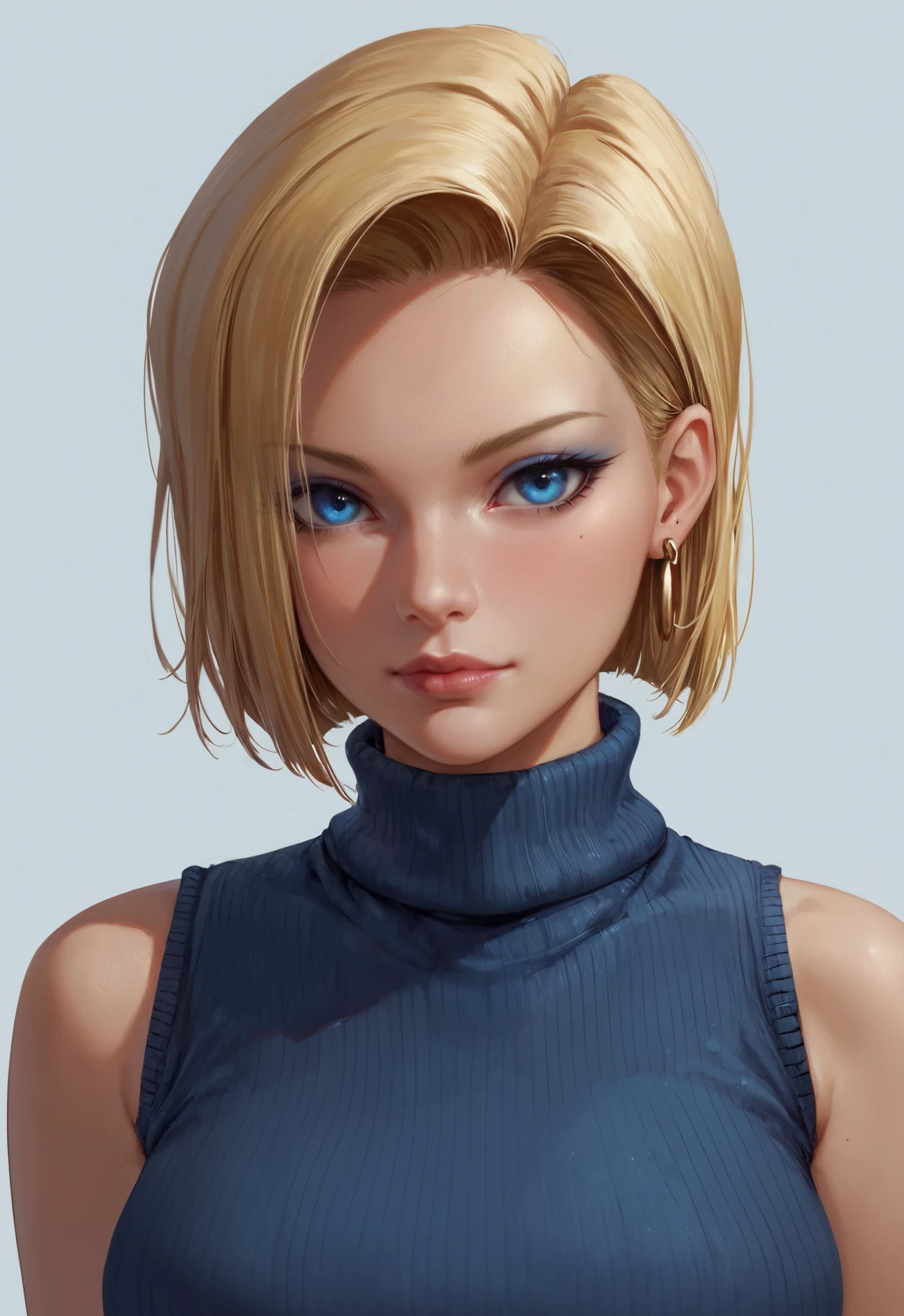 score_9, score_8_up, score_7_up, 1girl, solo, looking at viewer, short hair, blue eyes, blonde hair, simple background, jewelry, closed mouth, earrings, sleeveless, hair over one eye, sweater, lips, makeup, turtleneck, portrait, realistic, nose, android 18