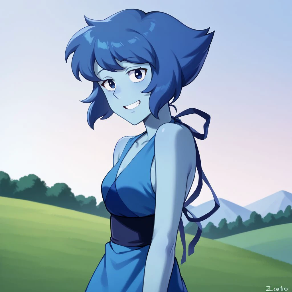 lapis_lazuli_lora lapis_sfw sfw, 1girl, blue hair, lapis lazuli \(steven universe\), steven universe, rating_safe, smile, memento photo, happy wholesome, INFP, introvert creative individualistic, perfect hands, outdoors, solo, looking at viewer, breasts, slim slender, blue skin, colored skin,source_anime, anime, score_9, score_8_up, score_7_up, score_6_up