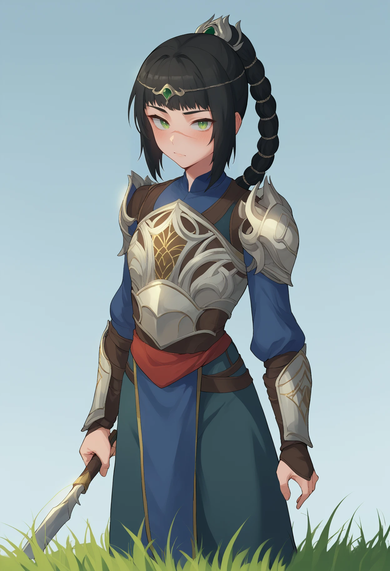 score_9, score_8_up, score_7_up, score_6_up, score_5_up, score_4_up, BREAK, source_anime, 1girl, solo, shadowheart, black hair, braided ponytail, blush, green eyes, scar on face, circlet, looking at viewer, armor, standing, grass, meadow background <lora:ShadowHeartXL:0.8>    <lora:U0denimXLLocon:1>