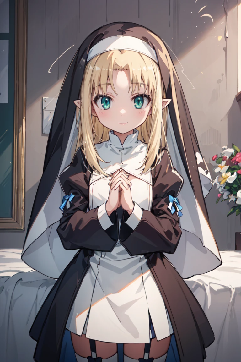 masterpiece, best quality, ultra-detailed, glistening shiny, glowing light, ray tracing, HDR, deph of field, (perfect face, detailed face),  <lora:AstarotteYgvar:0.7>, astarotte, long hair, pointy ears, flat chest, red hair ribbon, smile, nun, garter straps, breasts cutout,  hands together