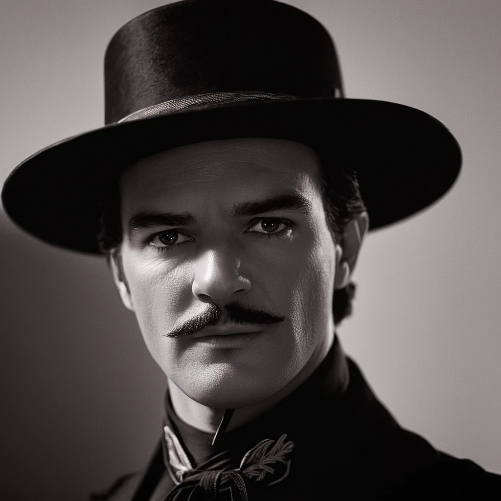 cinematic film still of  <lora:Zorro:1>
Zorro a man in a hat and a top hat,solo,looking at viewer,1boy,hat,monochrome,upper body,greyscale,male focus,mask,facial hair,top hat,mustache , realistic, realism, photorealism, hyperrealism, hyperrealistic, realistic, sharp, detailed, cinematography style, film light style, movie still,  professional photography, artistic, perfection, contrast, cinematic, filmic, high quality photo,  8k quality, colorful, photography style, zorro style, shallow depth of field, vignette, highly detailed, high budget, bokeh, cinemascope, moody, epic, gorgeous, film grain, grainy