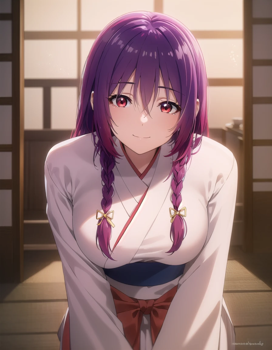 yuzukiaoba, <lora:yuzuki aoba s1-lora-nochekaiser:1>,
yuzuki aoba, (red eyes:1.3), hair between eyes, purple hair, braid, single braid,
BREAK japanese clothes, kimono, sash, obi, red kimono,
BREAK indoors, dojo,
BREAK looking at viewer, (cowboy shot:1.5), smile,
BREAK <lyco:GoodHands-beta2:1>, (masterpiece:1.2), best quality, high resolution, unity 8k wallpaper, (illustration:0.8), (beautiful detailed eyes:1.6), extremely detailed face, perfect lighting, extremely detailed CG, (perfect hands, perfect anatomy),