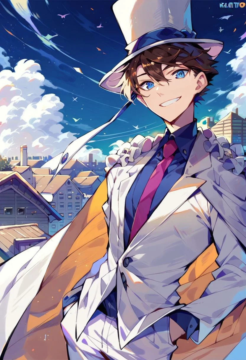 (score_9, score_8_up:1.1), score_7_up, kaito kid, 1boy, solo, brown hair, blue eyes, monocle, white top hat, purple shirt, necktie, white cape, pauldrons, white pants, roof, moonlight, smile