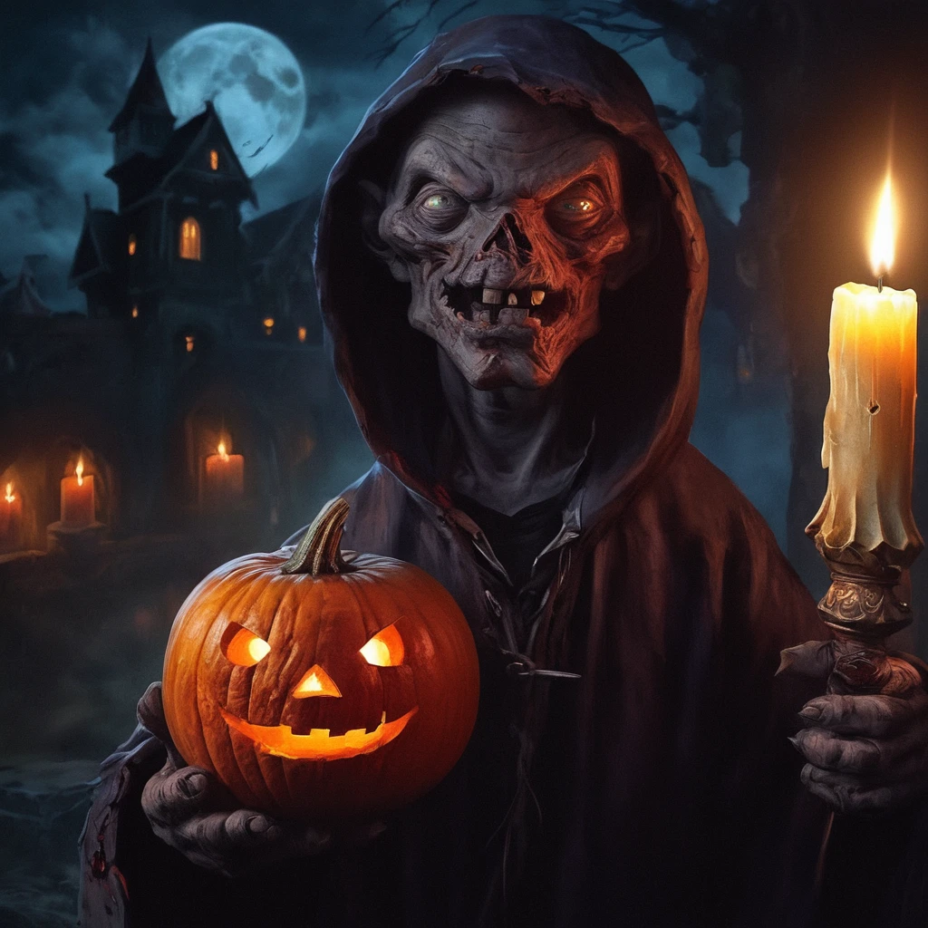 anime artwork of  <lora:Cryptkeeper:1>
Cryptkeeper a painting of a zombie holding a knife and a pumpkin,solo,1boy,holding,male focus,food,blood,fruit,holding food,knife,halloween,apple,jack-o'-lantern,holding knife,candle,pumpkin,castle,realistic,realistic,realism,photorealism,hyperrealism,hyperrealistic,realistic,sharp,detailed,cinematography style,film light style,movie still,professional photography,artistic,perfection,contrast,cinematic,filmic,high quality photo,8k quality,colorful,photography style,horror themed,Anthology Black comedy Dark fantasy Horror , tales from the crypt style, anime style, key visual, vibrant, studio anime,  highly detailed