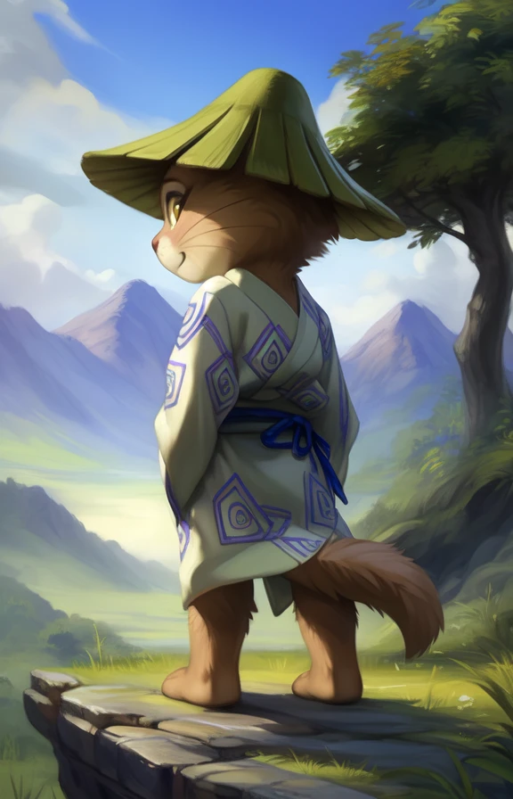 KawausoGeKi  <lora:KawausoGeKi:0.8> [road, earth, forest, trees, sky, clouds, mountains,]     kimono, green hat, blue belt, yellow eyes, brown fur, Yukata,  chibi , tail,
blue textured fur, solo,  looking at viewer, to his full height,  (beautiful, aesthetic, perfect, delicate, intricate, masterpiece, )  ( ass up rear view, looking back,)
by Floris van Dyck, by Anna Razumovskaya, by Pino Daeni, by Ulitochka, by Ruan Jia