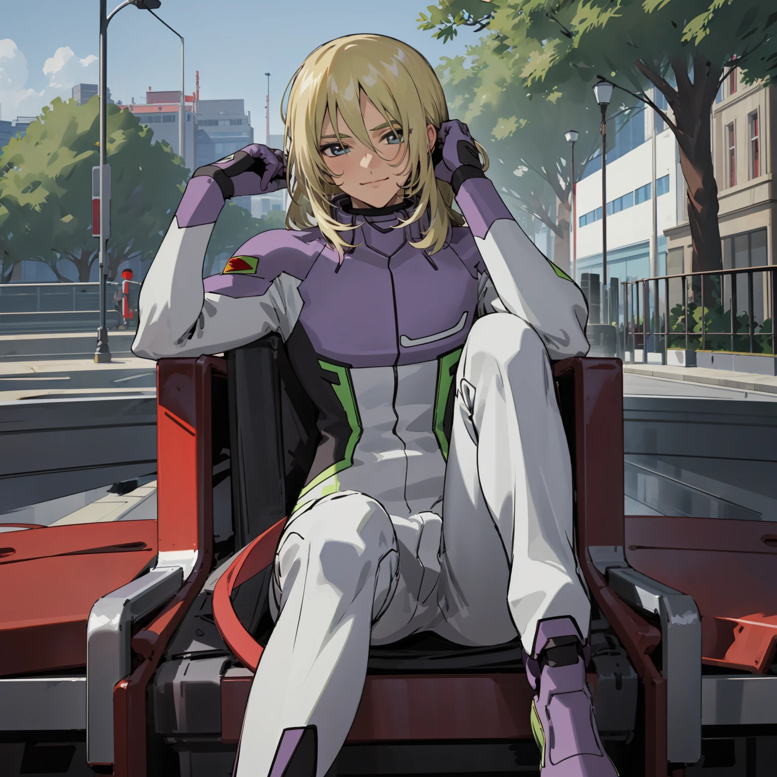 (masterpiece,best quality,high quality,ultra detailed,8K,highres),muscle,reyzaburrel,1boy,sitting,hand on head,(bulge:1.2),looking at viewer,smile,anime,blurred background,in the park,portrait,nice hands,perfect hands,<lora:reyzaburrel:0.8>,