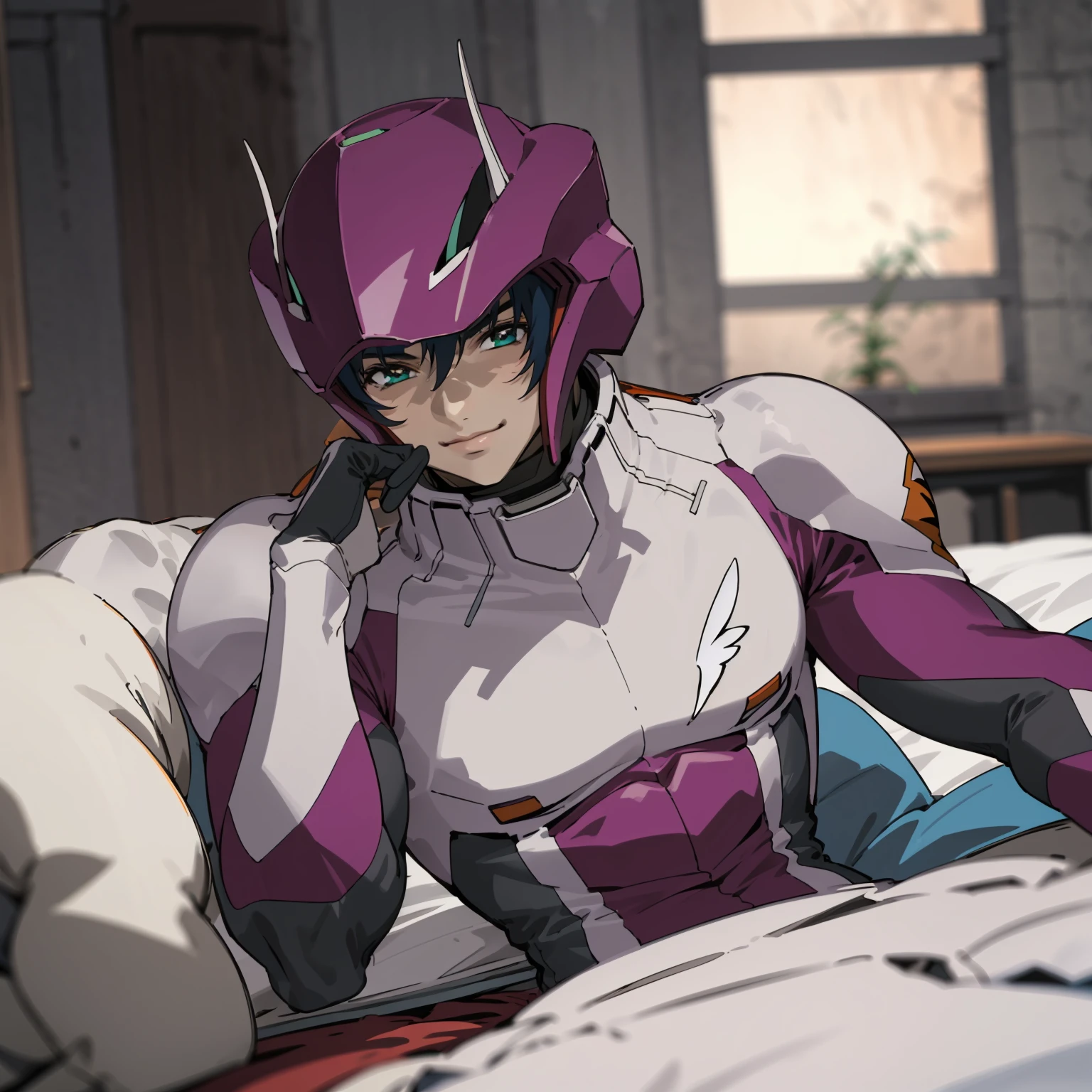 (masterpiece,best quality,high quality,ultra detailed,8K,highres),muscle,athrunzala,(1boy:1.2),helmet,sexy pose,temptation,lying on bed,hand on chest,(bulge:1.2),looking at viewer,smile,anime,blurred background,in the room,portrait,handsome,tight-fitting,nsfw,<lora:athrunzala:0.8>,