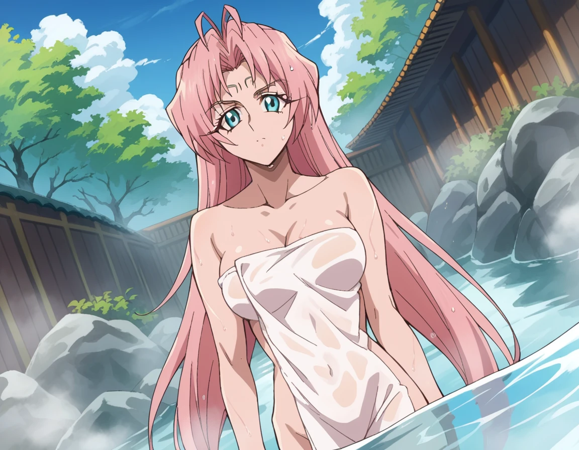 score_9, score_8_up, score_7_up, source_anime,
sodakki, <lora:so-dakki-s1-ponyxl-lora-nochekaiser:1>,
dakki, long hair, blue eyes, very long hair, pink hair, facial mark, forehead mark,
nude, naked, 
outdoors, onsen, towel, naked towel, steam, bathing, nude cover, partially submerged, water, bath, steam censor, wet towel,
looking at viewer, dutch angle, cowboy shot,