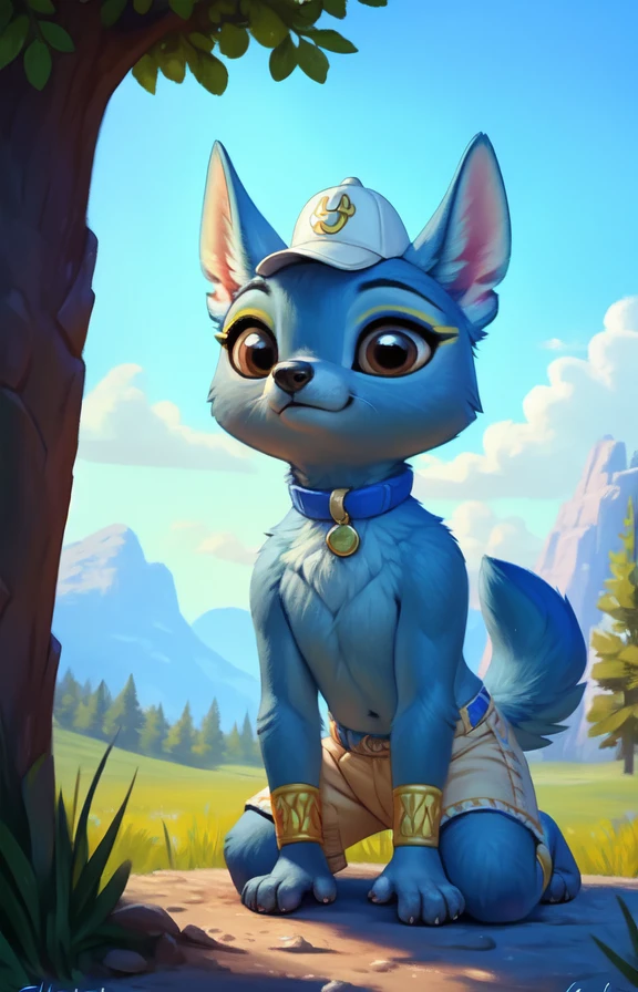 MiguelRBUK  <lora:MiguelRBUK:0.85> [road, earth, forest, trees, sky, clouds, mountains,]    MiguelRBUK, blue wool, blue-yellow collar, brown eyes, cap, bracelets on the wrist, Shorts,  tail,
blue textured fur, solo,  looking at viewer, to his full height,  (beautiful, aesthetic, perfect, delicate, intricate, masterpiece, ) (all fours, cowgirl position,)
by ulitochka, by taran fiddler, by Silverfox5213, by personalami,