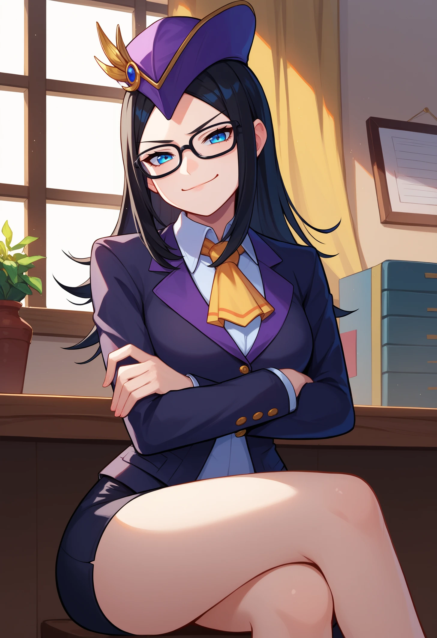 score_9, score_8_up, score_7_up, BREAK 1girl, solo, Luchika, blue eyes, long hair, black hair, <lora:LuchikaPDXL_V1-Manityro-CAME:1.0>, indoors, office, open window,
looking at viewer, head tilt, smug, crossed arms, crossed legs, sitting,
purple cap, business suit, black blazer, ascot, pencil skirt, black-framed eyewear