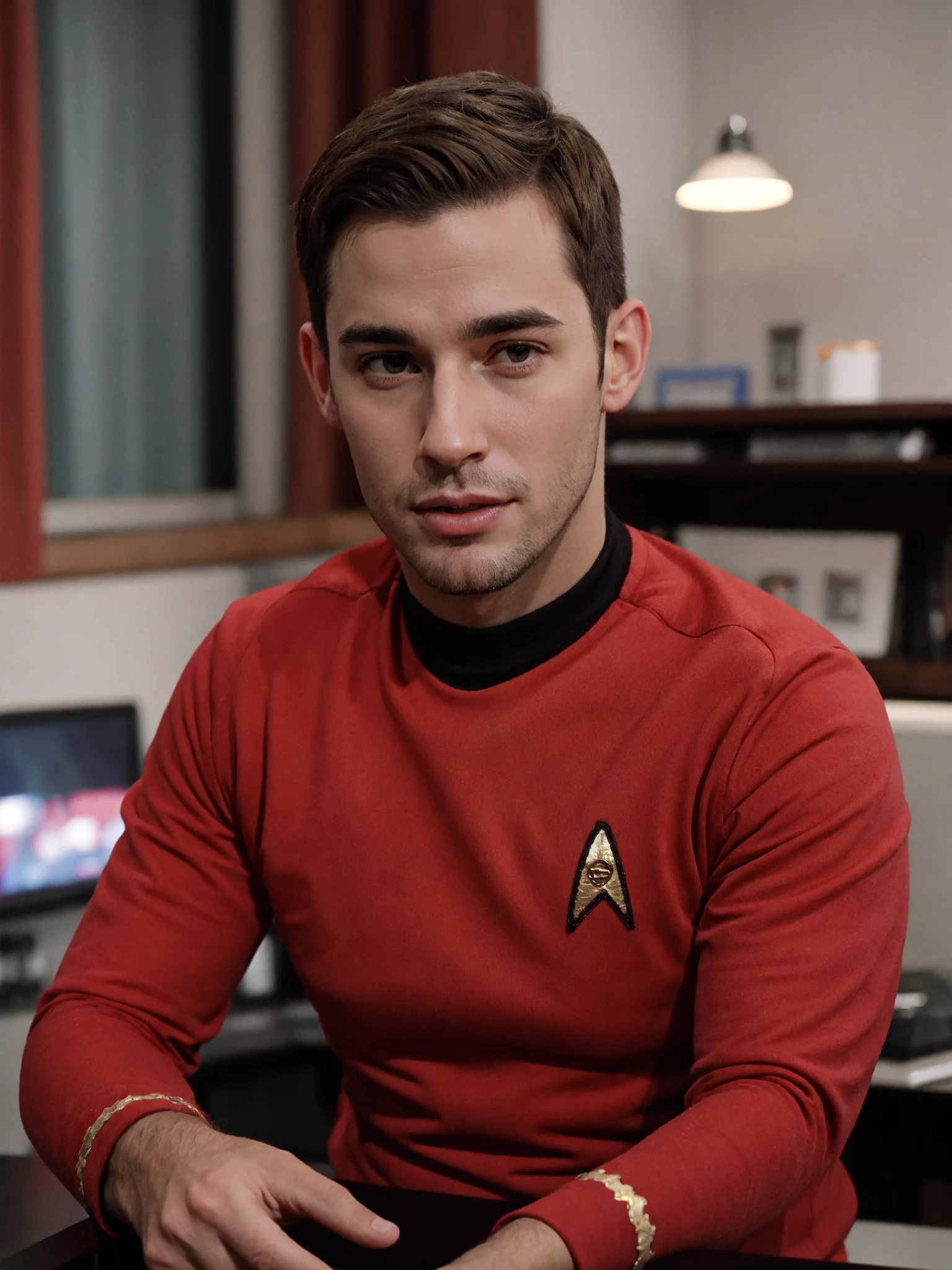 young man in red  startrektos  uniform
masterpiece, best quality, soft light, bokeh, real shadow, cinematic, subsurface scuttering
<lora:epiCRealismHelper:.25>
<lora:detail_slider_v4:1><lora:StartrekTosV3-000028:0.8>