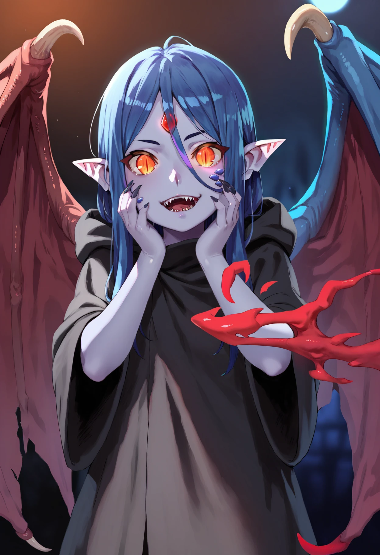 1girl, wiene, solo, slit pupils, monster girl, pointy ears, blue skin, white skin, standing, <lora:wiene_ponyxl_v1:0.9>, black cloak, hooded cloak, claws, teeth, fangs, glowing eyes, wings, single wing, dark, night, aura, red aura, contrast, chromatic aberration, evil laugh, hands on own face
BREAK
score_9, score_8_up, score_7_up, score_6_up, anime, rating_safe, <lora:fiz-rot_pony_v3:0.4>, fizrotart, glowing eyes, (fumihiko \(fu mihi ko\):0.5), BREAK
backlighting, (high quality, detailed, beautiful), shiny, detailed beautiful eyes, outstanding, countershading, detailed soft lighting