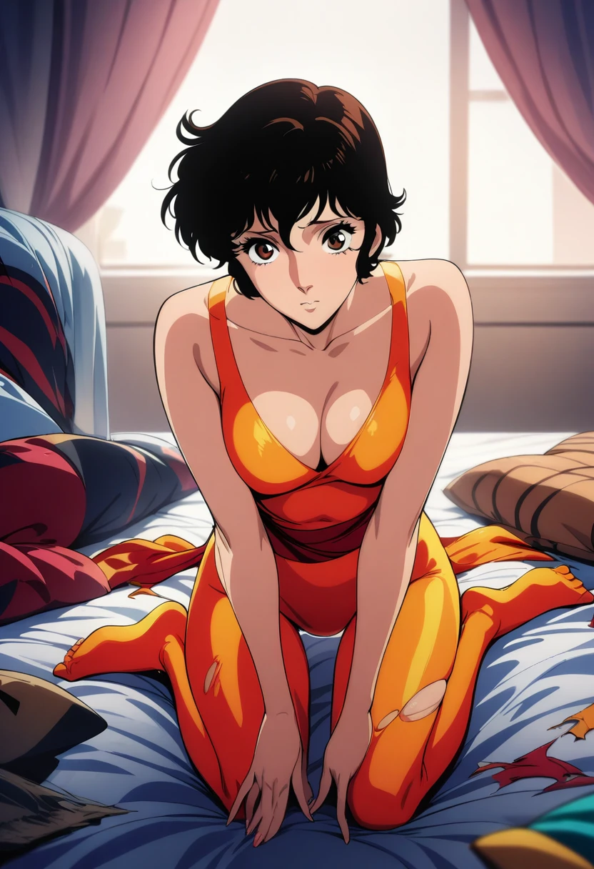 A Female robot is sleeping in bedroom, spread legs, nude, banzai pose. she wears no dress. She Brown short hair is tied with two big red clothespins, She lifts up the under hem of her white plain dress, leaning over, masterpiece, very short pigtails,brown hair, mature, android, blue eyes, full body figure, Height: 160cm, flushed cheeks, 2020s anime picture, A beautiful robot with short brown hair in two short pigtails held up by two very large huge red clothespins, Uplifting, No NSFW, whole body, barefoot, archaic smile, getting orgasm, 25 years old, sweat bucket.