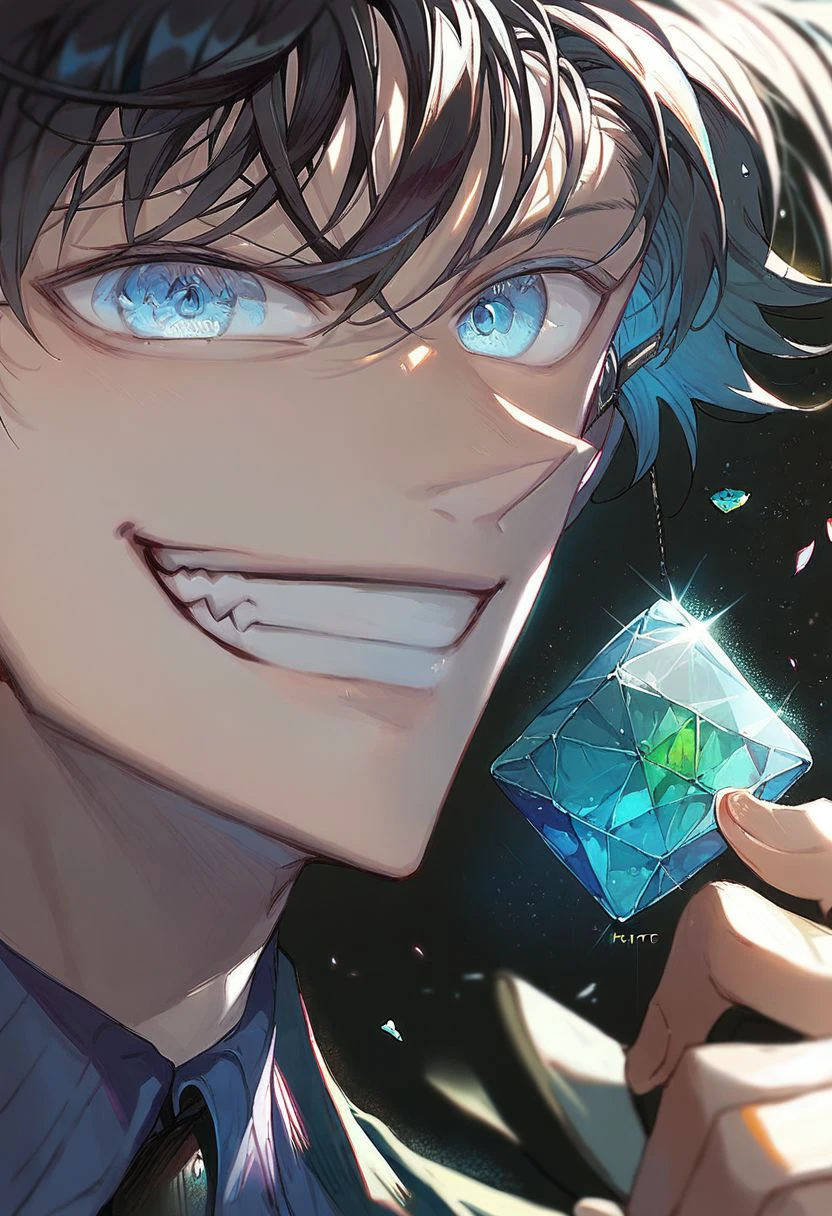 (score_9, score_8_up:1.1), score_7_up, kaito kid, 1boy, solo, black hair, blue eyes, monocle, white top hat, purple shirt, necktie, close up, smile, teeth, holding green gem, nori