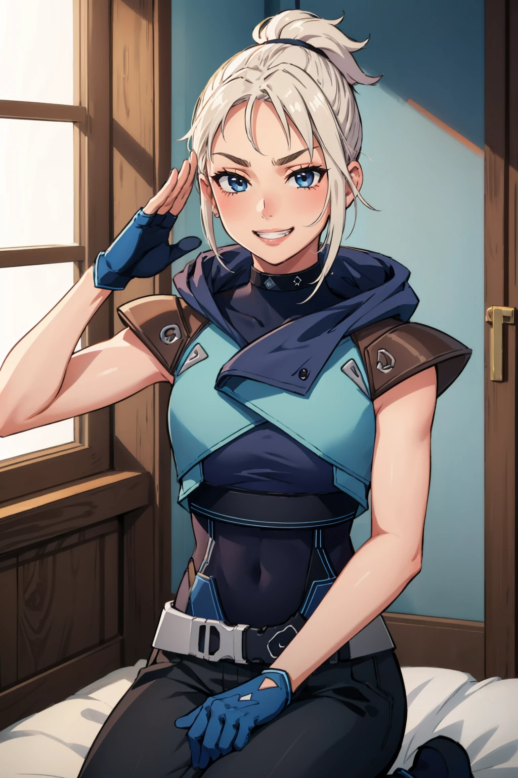 masterpiece, best quality, 1girl, <lora:valorantjett-nvwls-v1-000009:0.9> valorantJett, short ponytail, blue jacket, sleeveless, cropped jacket, black bodysuit, belt, black pants, black gloves, smile, seiza, furrowed brow, grin, salute, indoors, looking at viewer,