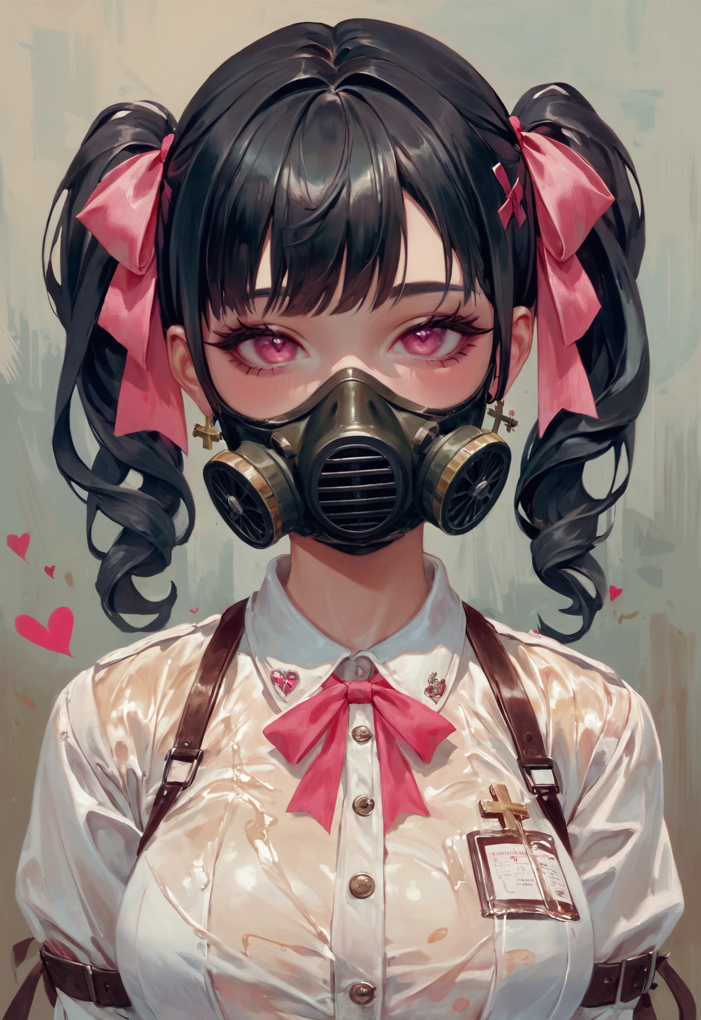score_9, score_8_up, score_7_up, Very strong style of Vincent van Gogh, oil painting of disease, mine - type, mass - produced type, gas mask, cross, ribbon, heart, slanted eyes, twintails, thick coating, black hair, pink eyes