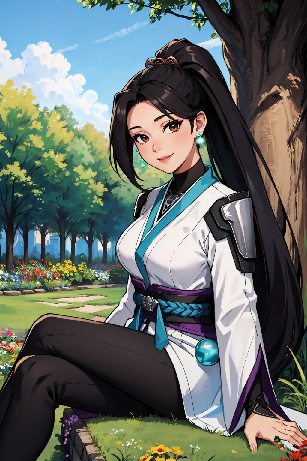 masterpiece, best quality, 1girl,  <lora:valorantsage-nvwls-v1-000009:0.9> valorantSage, ponytail, earrings, white robes, bridal gauntlets, sash, black pants, large breasts, sitting, on ground, smile, hair flower, garden, blue sky, tree, looking at viewer