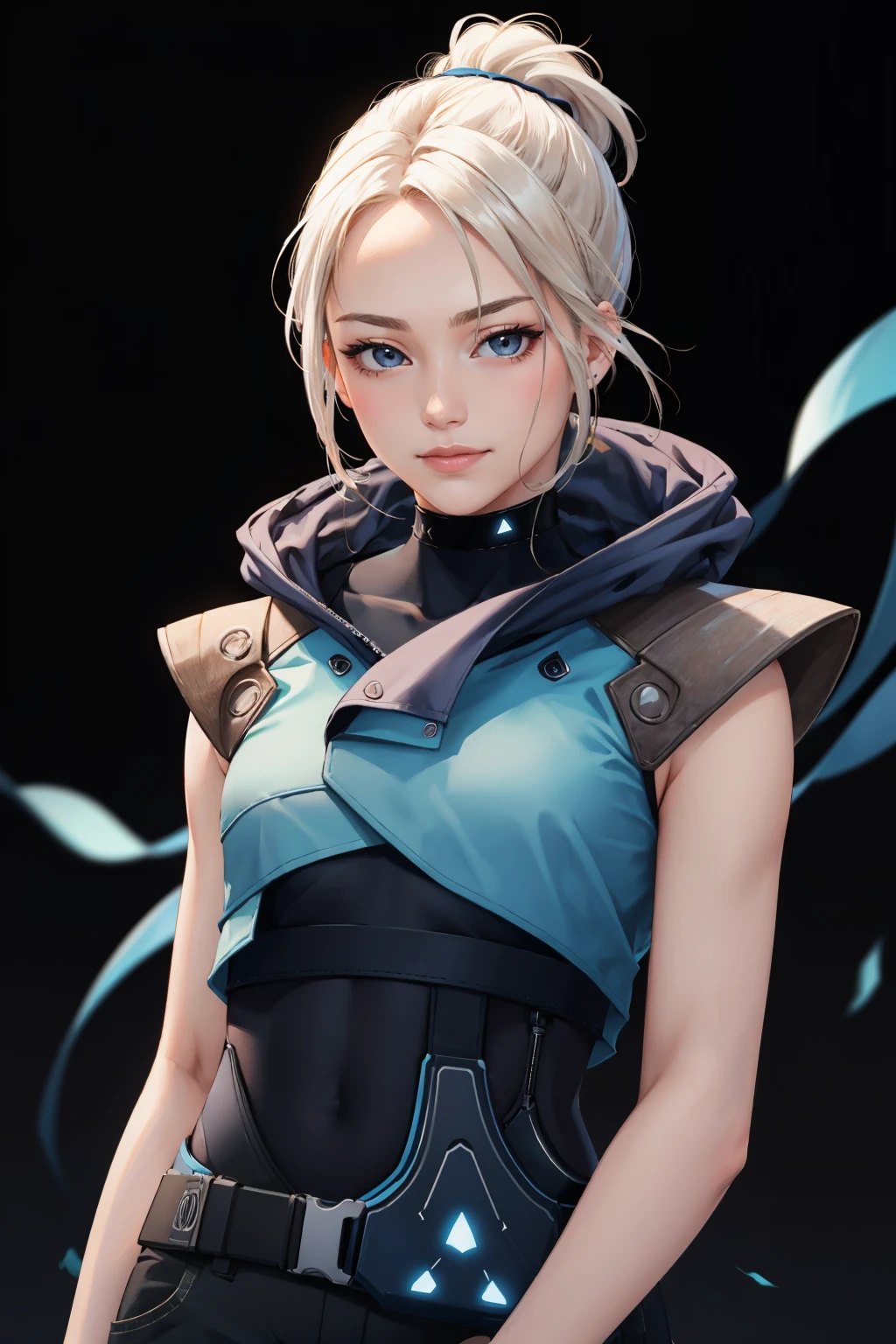 masterpiece, best quality, 1girl, <lora:valorantjett-nvwls-v1:0.9> valorantJett, short ponytail, blue jacket, sleeveless, cropped jacket, black bodysuit, belt, black pants, black gloves, black background, simple background, upper body, smirk, looking at viewer, wind trails, abstract background, portrait, close-up