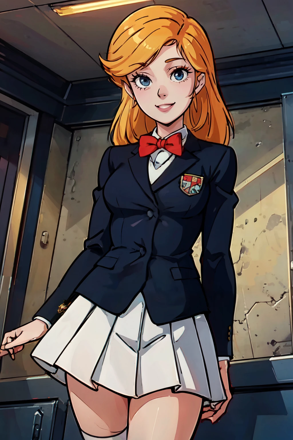 ((masterpiece,best quality)), absurdres, <lora:MinervaTransformer:0.7>, zzMinerva, skirt, long sleeves, bow, school uniform, standing, jacket, pleated skirt, socks, bowtie, black eyes, parody, blazer,   cowboy shot, smile, looking at viewer,