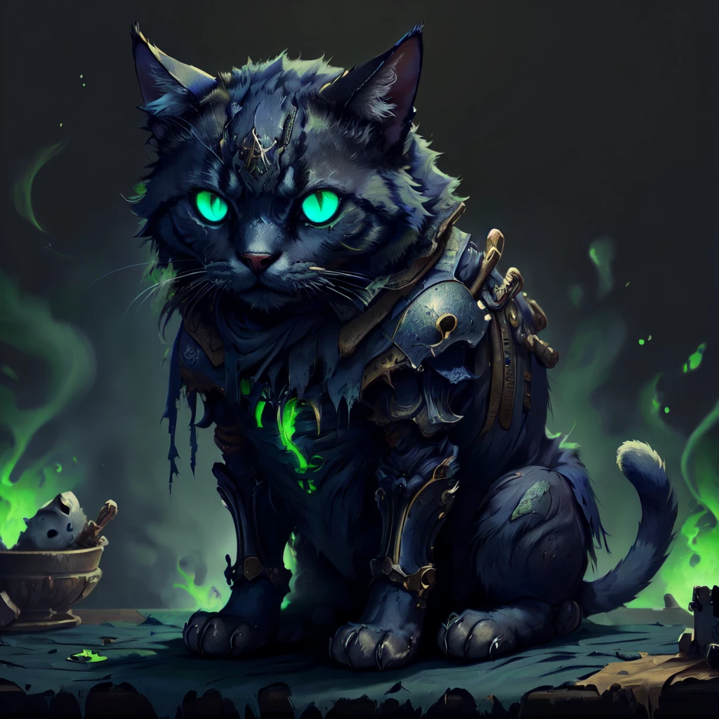 masterpiece, best quality, expressive eyes, absuredres <lora:WorldOfSigmarNighthaunts1.0:1>, worldofsignighthaunts, cat, armoured, sitting on table, green glowing eyes,