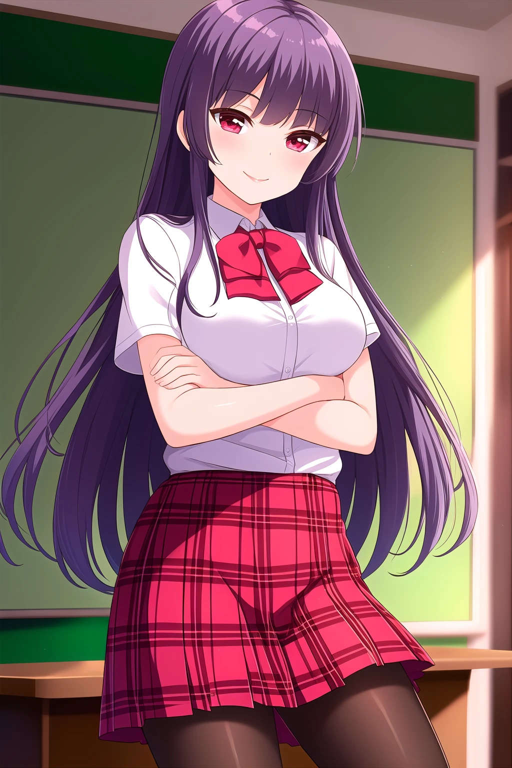 (masterpiece, best quality), highly detailed background, perfect lightingbest quality, kagurazakasaya, solo, indoors, classroom, purple hair, blunt bangs, very long hair, red eyes, medium breasts, red bowtie, white shirt, short sleeves, crossed arms, red skirt, plaid skirt, black pantyhose, school uniform, smile, closed mouth, pink lips, <lora:Kagurazaka-Saya:0.7>