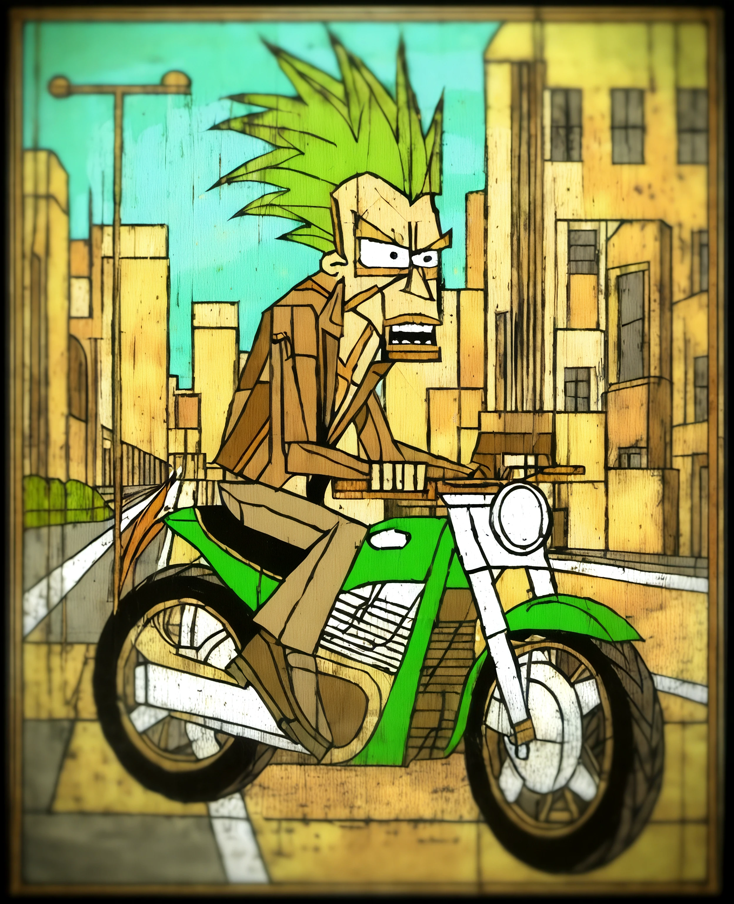 wheelie on motorbike, green mohawk, city street