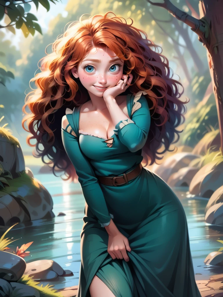 score_9, score_8_up, score_7_up, score_6_up, 1girl skirt lifts, hand in face, archer, smile, blush, freckles, green dress, long sleeves, long skirt ,cleavage, wavy hair, big hair, curvy, medium breasts, narrow waist, wide hips, thick thighs, looking at viewer, dynamic angle, cowboy shot, sexy, forest, on a river, disney, (bow:1.2), realistic, realism, pixar,
<lora:MeridaBraveXLP_Character:1>MeridaXLP <lora:Realistic_2.5DAnime_Merge1:0.45>