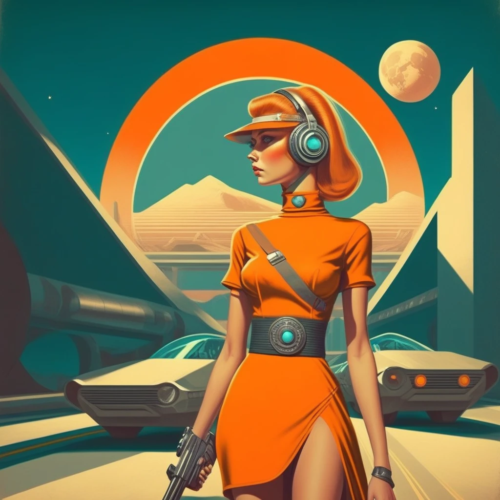 Retro_Futurism style, choker, earrings, road, holding gun, sun, realistic, blue eyes, belt, no humans, orange eyes, moon, long hair, ass, dress, headphones, beard