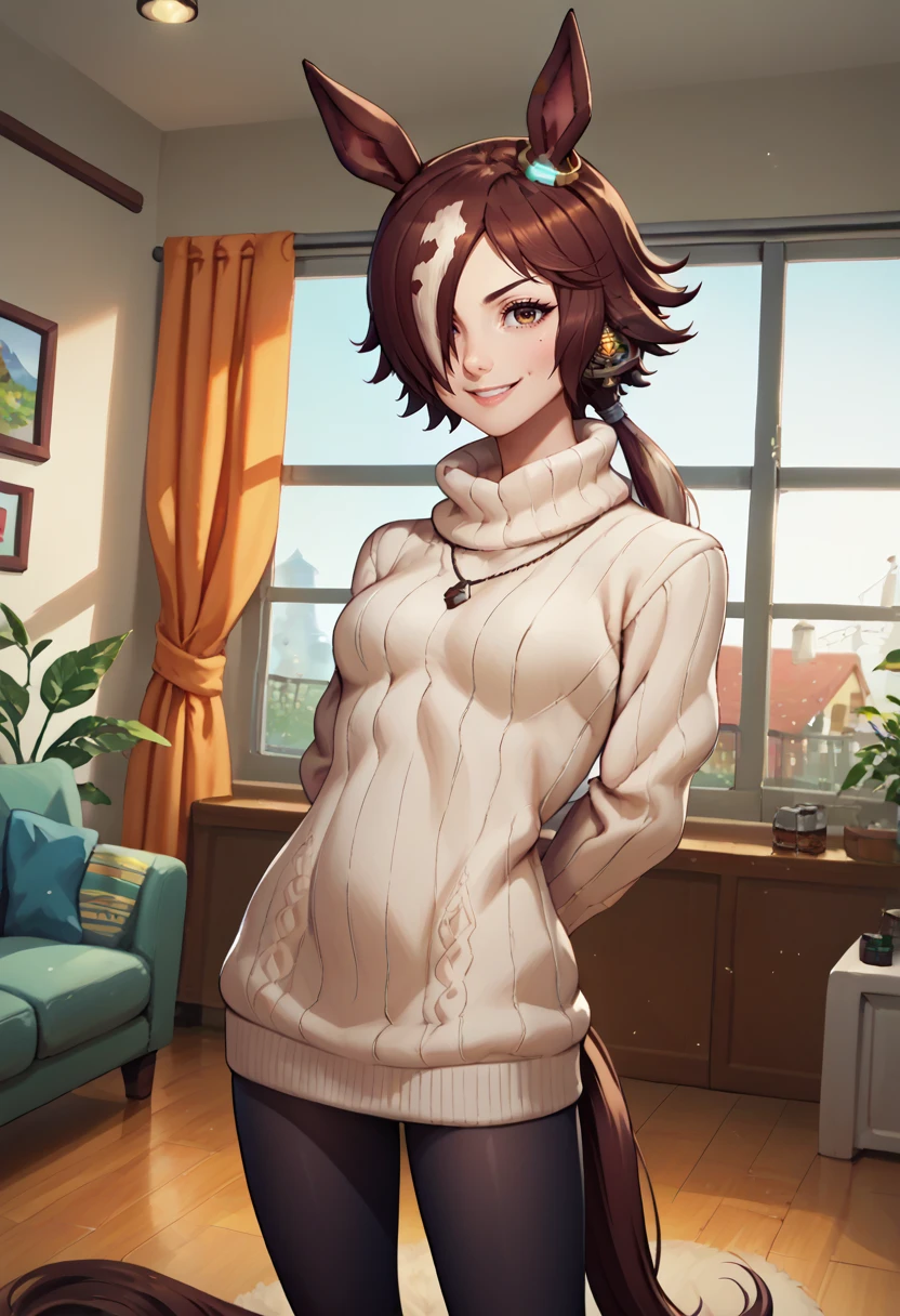 score_9, score_8_up, score_7_up, source_anime, solo, 1girl, umpdvodka, smile, looking at viewer, standing, arms behind back, hair over one eye, ponytail, animal ears, white sweater, ribbed sweater, sweater dress, black pantyhose, horse tail, indoors, living room <lora:umamusume_vodka_ponyXL:1>