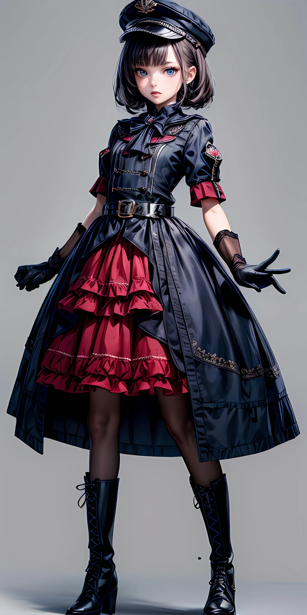 (masterpiece,ultra-detailed,best quality,8K,CG,illustration,shaved:1.0),(ite girl:1.0) <lora:more_details:1>,simple background
<lora:military uniform v1.0:0.6> jyojifuku, m dress,hat, belt, gloves, boots