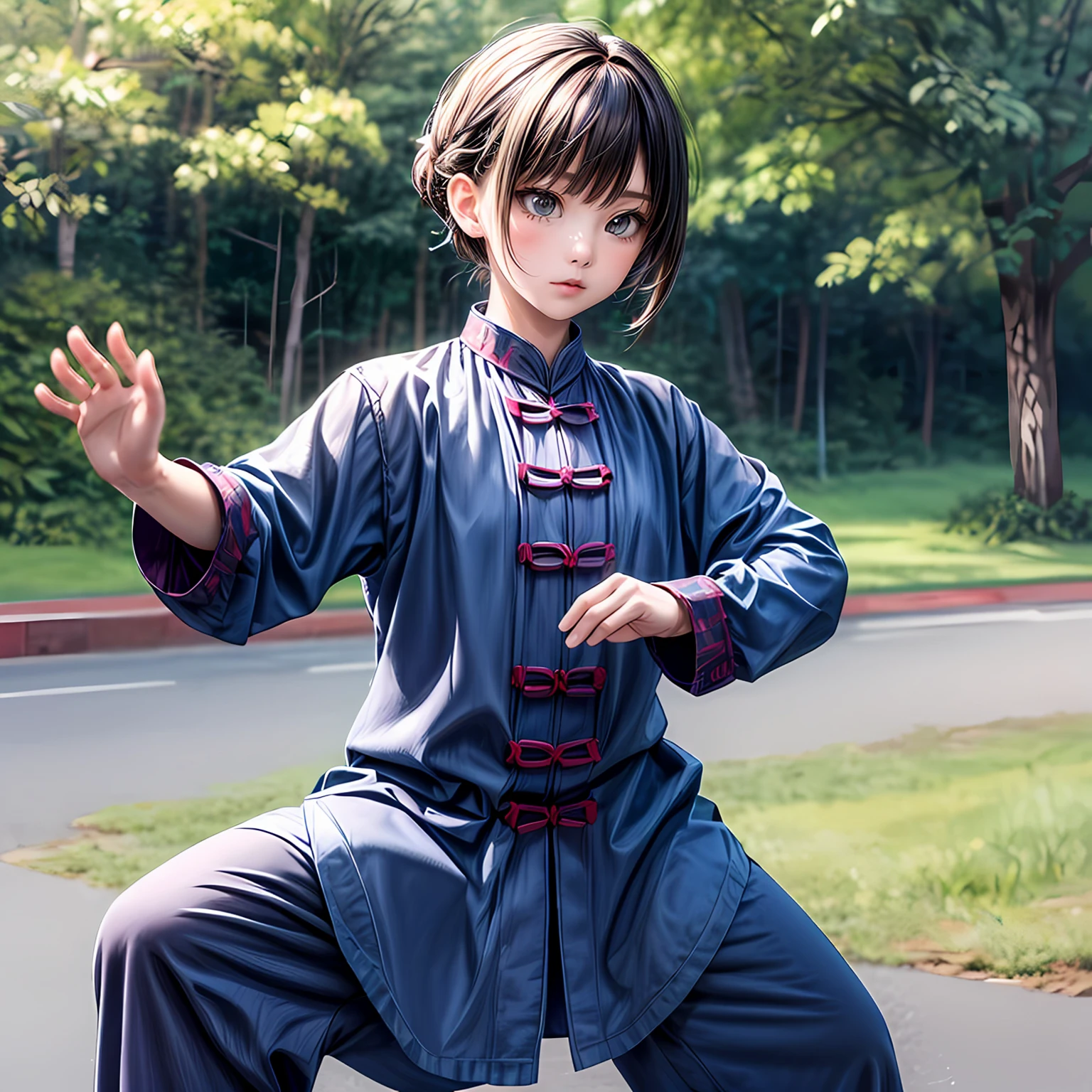 (masterpiece,ultra-detailed,best quality,8K,CG,illustration,shaved:1.0),(ite girl:1.2) <lora:more_details:1>,simple background
<lora:kung fu v1.0:0.6> jyojifuku, kung fu,pants,cowboy shot, fighting stance