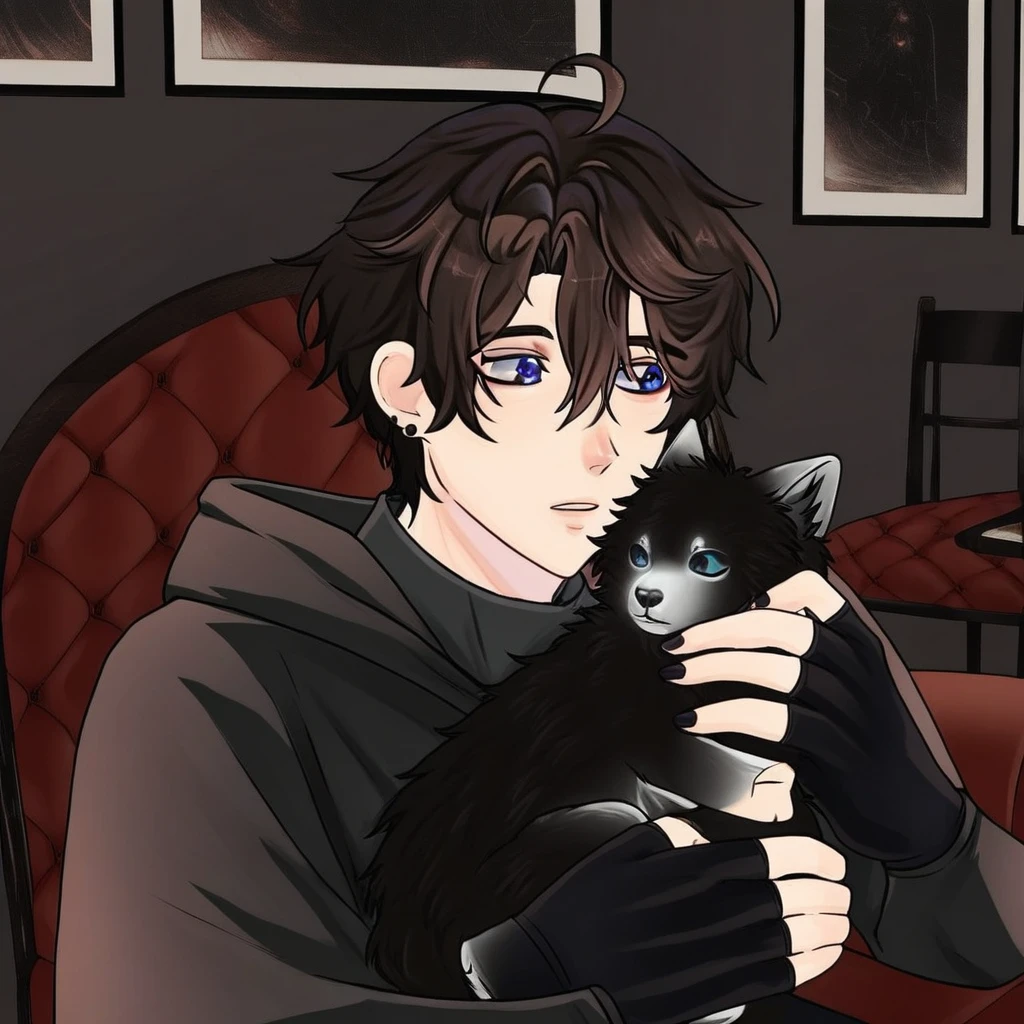 fingerless gloves, hood, earrings, parted lips, chair, blue eyes, ahoge, black nails, upper body, hair between eyes, gloves, black gloves, male focus, holding animal, shirt, indoors