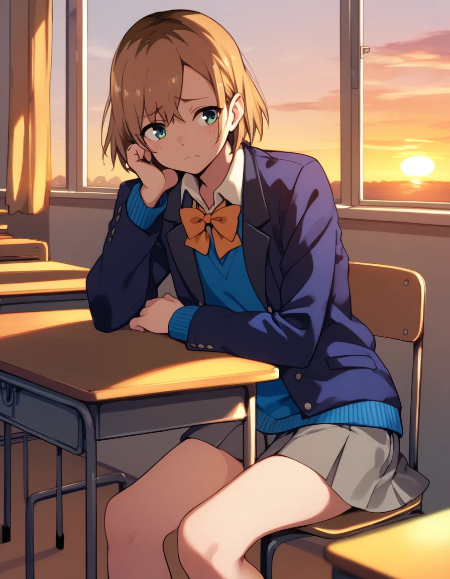 score_9,  score_8_up, score_7_up, source_anime
<lora:miyamori-ponyxl-000006:1> miyamori, blue jacket, blue sweater, open jacket, school uniform, grey skirt, miniskirt,  orange bow, wing collar,
sitting, classroom, sunset, worried