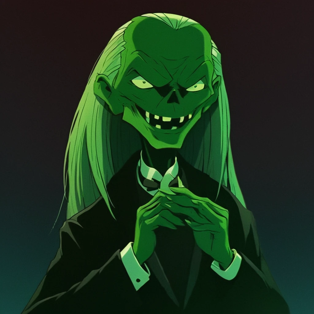 anime artwork of  <lora:Cryptkeeper:1>
Cryptkeeper a cartoon character with a dark green face and a black suit, anime style, key visual, vibrant, studio anime,  highly detailed