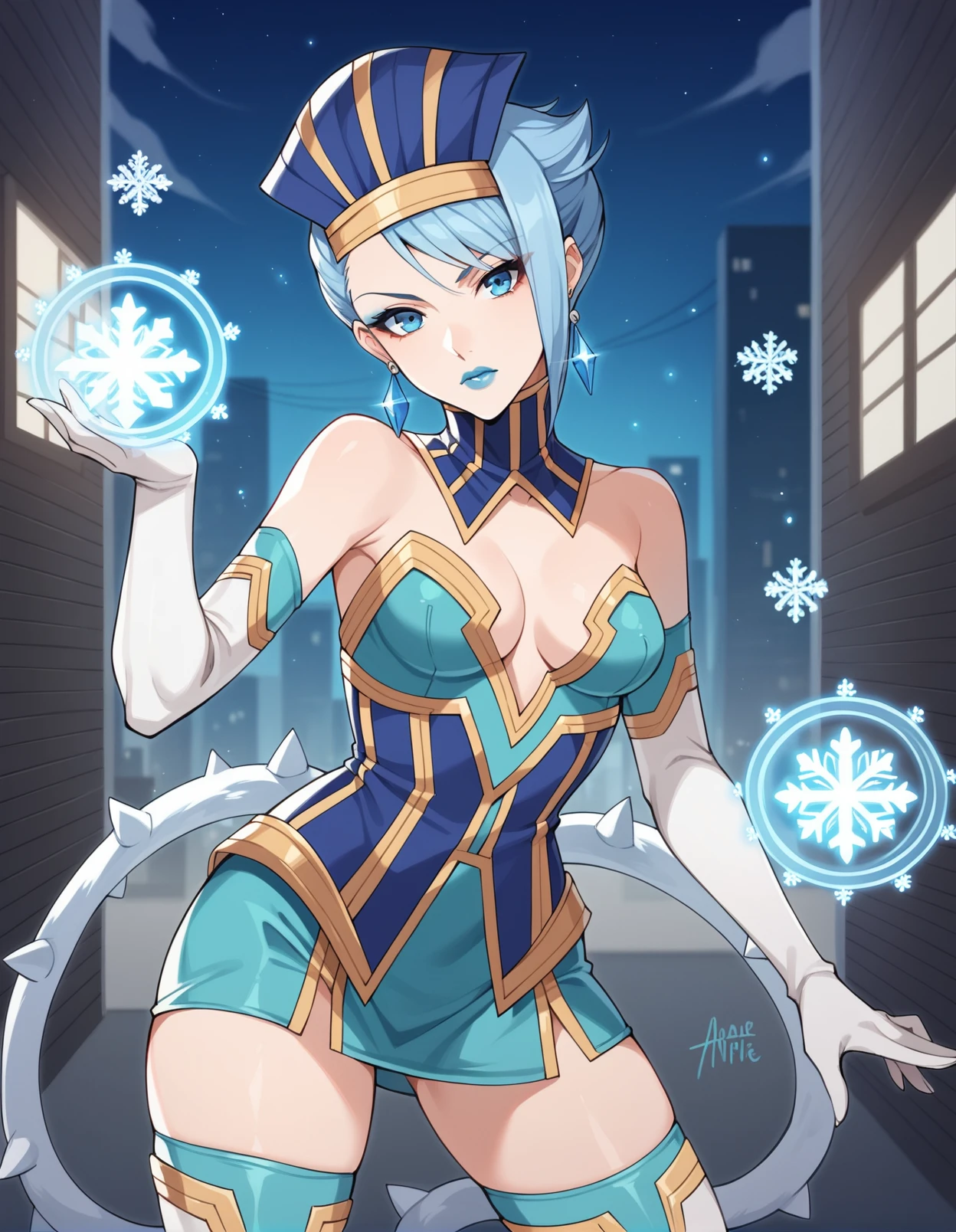 score_9, score_8_up, score_7_up, score_6_up, score_5_up, score_4_up, source_anime, rating_safe, BREAK <lora:blueRoseXL_LoRA-C3Lier_AdamW_Dim16_Alpha16_UN-3e-4_TE-1.5e-4_8batch_ponyDiffusionV6XL_v6StartWithThisOne:1>, blue rose (tiger & bunny), karina lyle, 1girl, blue hair, short hair, blue eyes, makeup, lipstick, medium breasts, superhero, hat, crystal earrings, jewelry, detached collar, strapless dress, blue dress, see-through skirt, elbow gloves, thigh boots, white thorns, two tails, serious, looking at viewer, facing viewer, fighting, floating, aura, energy ball, snowflakes, wind, night, alley, city, city lights