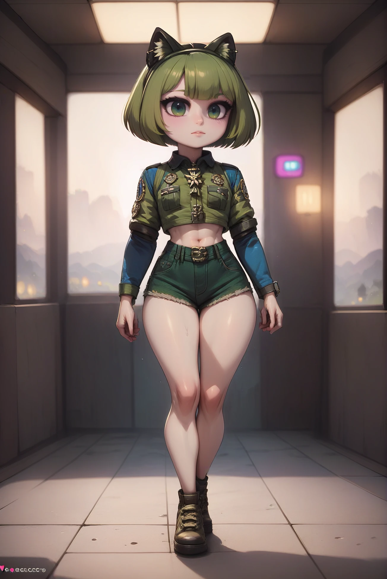 source_anime, score_9, score_8_up, score_7_up, full color, 1girl, woman, (apocalyptic Scoutcore:1.3) catgirl, full body, [:outlandish, sexy costume design,:0.2], bombshell hair, blue-green hair, bombshell bob cut, thicc body, wide hips, narrow waist, small breasts, caucasian, Generator Room \(room\) <lora:EnvyPonyChibi01:1>