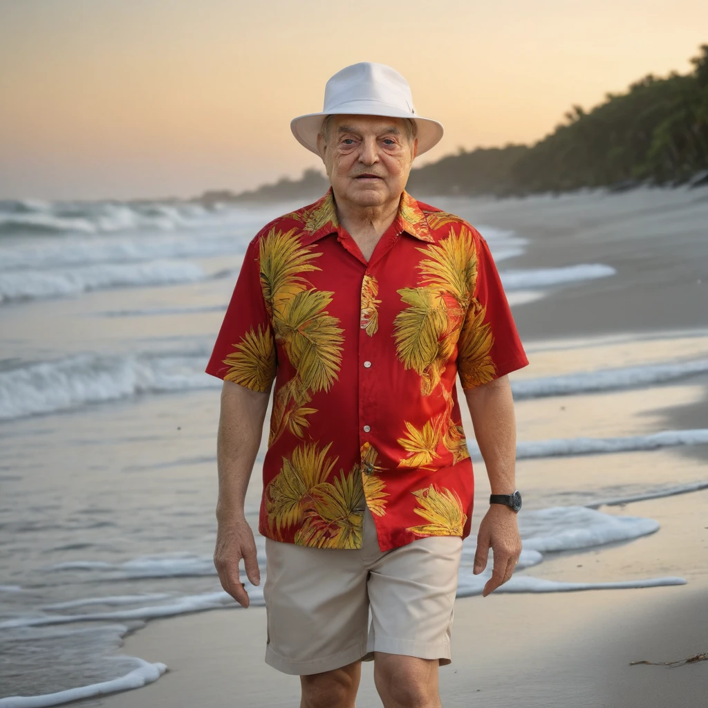 <lora:Soros:1> george soros wearing a red and yellow aloha shirt, khaki shorts, white bucket hat, walking on the beach at sunset, golden hour, masterpiece, best quality